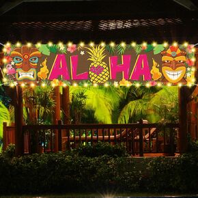 OuMuaMua Hawaiian Luau Party Decorations, Aloha Party Decorations, Tiki Decorations Aloha sign with Lights for Summer Aloha Moana Hawaii Luau Party Decorations, Tropical Birthday Tiki Party Supplies