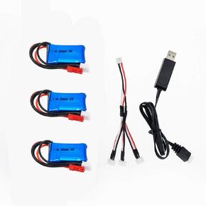 Itexkun 3 pcs 7.4V 2S 200mAh 20C LiPO Battery JST Plug and USB Charger for RC Scale 1/36 Model Buggy Truck F3P Indoor Micro Aircraft