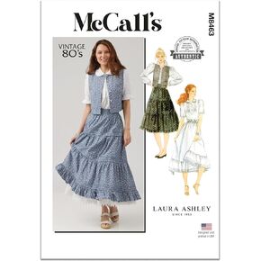 McCall's Vintage 1980's Misses' Pullover Blouse, Vest, Tiered Skirt and Petticoat Sewing Pattern Packet by Laura Ashley, Design Code M8463, Sizes 8-10-12-14-16, Multicolor