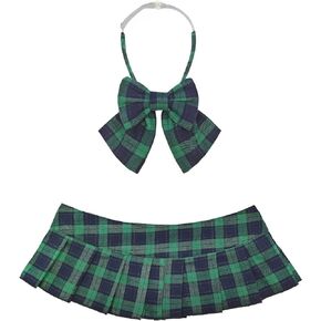 Women Pleated Plaid Micro Mini Skirt Schoolgirl Cosplay Lingerie Skirts Sexy Role Playing Costume Outfit with Bow Tie