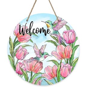 Welcome Spring Summer Tulip Flowers Front Door Sign, Hummingbird Pink Floral Wood Door Hanger Outdoor Outside Porch Decor, Seasonal Wooden Wreath Indoor Wall Hanging Decoration