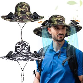 Shinymoon 2 Pcs Wide Brim Outdoor Solar Fan Fishing Hat Men Sun Hat with 2 Solar Fan Solar&USB Charging Breathable Waterproof Sunscreen Hat with Fan for Summer Fishing Hiking Camping Beach, Camo
