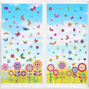 109 Pieces Flower Window Clings for Glass Windows, Anti-Collision Butterfly Window Stickers for Kids, Large Size Window Decals Spring Decorations, Butterfly Stickers and Flower Stickers
