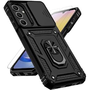 for Samsung Galaxy A25 5G Case with Slide Camera Cover HD Screen Protector [Military Grade 16ft. Drop Tested] Magnetic Ring Holder Kickstand Protective Phone Case for Galaxy A25 5G 2024, Black