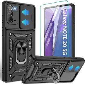 Compatible with Samsung Galaxy Note 20 5G Case,Samsung Note 20 Case with HD Screen Protector with Slide Camera Cover, 360°Rotation Ring Kickstand [Military Grade] Case for Galaxy Note 20,Black