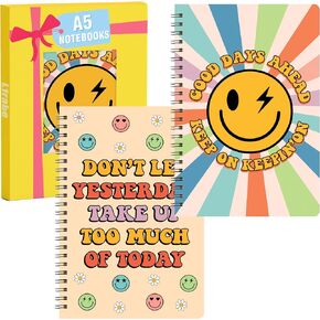 L1rabe Happy Face Motivational Hardcover Notebooks - A5 size 5.8 x 8.3 inch, Spiral Notebooks for School 2 Pack Retro Inspiration Notebooks College Ruled for Women Kids Teens Back to School office Notebook
