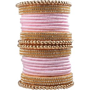 CRAFT LOVE Designer Rhinestone Beaded Silk Thread Bangles Set, Handmade Silk Dori Bangle Set for Women & Girls