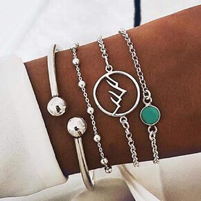 مجموعة أساور بوهو من الفضة ذات الطبقات باللون الفيروزي، سوار على شكل سلسلة أساور للنساء والفتيات in Kuwait