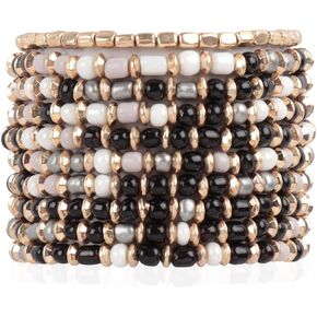 RIAH FASHION Bohemian Multi-Layer Beaded Pendant Statement Stretch Strand Bracelet - Sparkly Bead Tassel Pom Pom Star Charm Stack Cuff Bangles