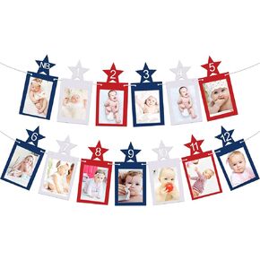 4th of July 12 Month Photo Banner 1st Birthday Party Decoration Newborn Milestone First Year Red White Blue Star Photo Prop