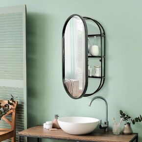 Head West Black Metal Framed Oval Vanity Wall Mirror with Shelves, Vanity Mirror, Bathroom Mirrors, Surface Mounted Medicine Cabinet Medicine Cabinet Mirrors, Living Room Mirrors - 15" x 30"