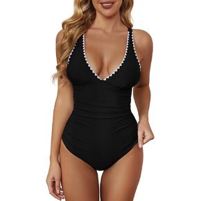 Womens V Neck One Piece Swimsuits Tummy Control Bathing Suits for Women Shell Stitched Swimwear