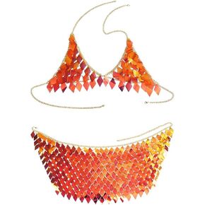 Yokawe Tassel Bra Skirts Set Sequin Body Chain Sexy Bikini Rave Party Beach Festival Club Outfit for Women and Girls