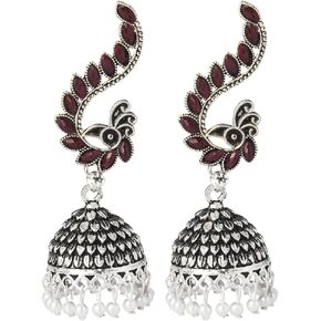 Traditional Indian Silver Antique Oxidised Traditional Peacock Jhumka With Pearls Earrings for Women