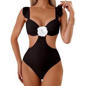 WDIRARA Women's 3D Floral Decor Cut Out Textured One-Piece Bikini Swimwear Backless Sleeveless Cheeky Swimsuit