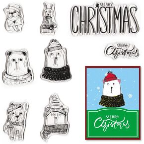 ABTOLS 4PCS Christmas Clear Stamps for Card Making, Xmas Snowman Snowflake Gnome Clear Stamps Flower Clear Rubber Stamps New Year Words Stamps for DIY Paper Craft Card Making Scrapbooking