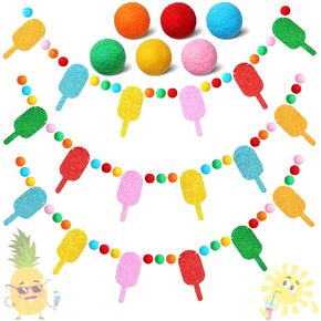 Peryiter 3 Pcs Summer Ice Cream Pom Pom Garland Each 8.2 ft Glitter Felt Ball Garland Colorful Glittery Ice Cream Banner Felt Summer Birthday Party Fireplace Classroom Decorations Supplies