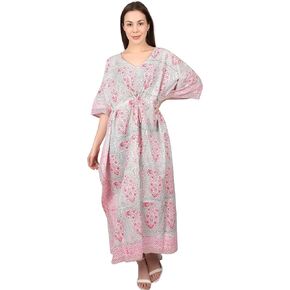 Floral Print Cotton Caftan for Plus Size Women, Long Robe with Lace Sleeves, Purple, Large