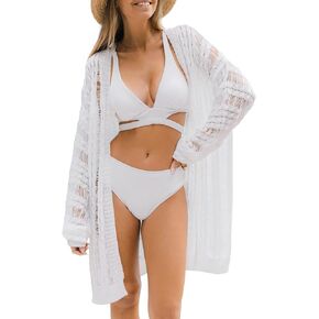 CUPSHE Women's Crochet Open Front Ribbed Swim Beach Cover Up Long Sleeve Kimono Beach Dress