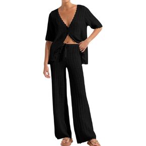 Gihuo Womens Swimsuits Cover Ups Crochet 2 Piece Bikini Coverup Beach V Neck Hollow Out Bathing Suit Sweater Set