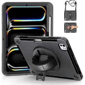Protective Case for iPad Pro 11 Inch M4 2024, Shockproof Rugged A2836/A3006 Carrying Case with Stand/Hand Strap/Neck Strap, Stylus Holder Compatible with Wireless Charging-Black
