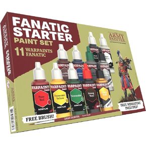 The Army Painter Warpaints Fanatic: Starter Set, 11 paints: 7 acrylic colours, 2 Metallics, 1 Wash, 1 Brush-On Primer, 1 Free Miniature figure and Starter Brush