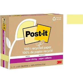Post-it 100% Recycled Paper Super Sticky Notes, 2X The Sticking Power, 3x5 in, 12 Pads/Pack, 70 Sheets/Pad, Canary Yellow(655R-12SSCY)