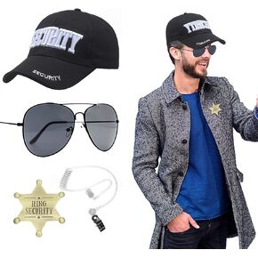 4 Pcs Secret Service Dress Up Costume Wedding Ring Security, Ring Bearer Gifts Ring Security Badges Spy Earpiece Acoustic Tube Headset Sunglasses Security Hat for Teens Boys Playing FBI Cosplay
