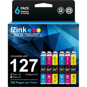 E-Z Ink Remanufactured Ink Cartridge Replacement for Epson 127 T127 to use with NX530 625 WF-3520 WF-3530 WF-3540 WF-7010 WF-7510 7520 545 645 (2 Cyan, 2 Magenta, 2 Yellow) 6 Pack