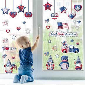 4th of July Window Clings for Memorial Day Decorations Double-Sided Patriotic Window Stickers Independence Day Gnome USA Flag Star Heart Window Decals for Veterans Day Home Party Supplies 8 Sheets