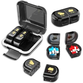 Pill Box Organizer Removable 2 Compartments Small Pill Box AM PM Portable 3 Day Travel Pill Organizer, Daily Pill Organizer for Vitamins, Medication, Supplements, Fish Oils(Black）