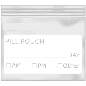 Zipper Pill Pouch Bags, 3" x 2" AM PM Daily Travel Medicine Organizer Storage Pouches for Vitamin and Daily Medication, Reusable Clear Write-on Label (100)