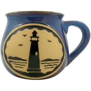 Lighthouse Beach Themed Ceramic Pottery Style Coffee Mug, 14 oz