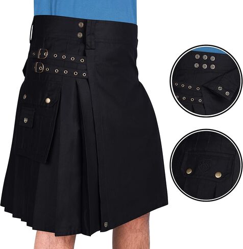 Cotton Jeans Utility Kilt for Men with Cargo Pockets-Black Cotton Kilt for Men in Saudi Arabia