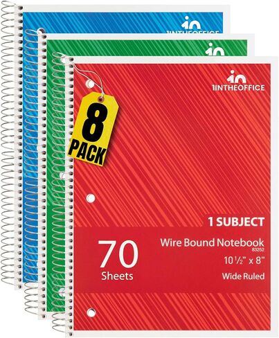 1InTheOffice Spiral Notebook Wide Ruled 10.5 x 8, 1-Subject Wide Ruled Notebooks, Wirebound Spiral Notebooks, 3-Hole Punched, 70 Sheets, Assorted Colors, 3 Pack in Saudi Arabia