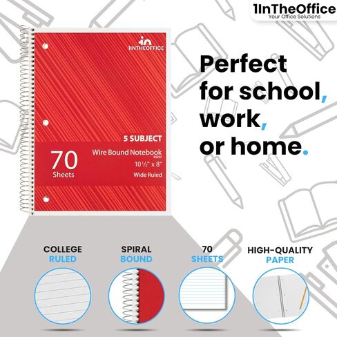 1InTheOffice Spiral Notebook Wide Ruled 10.5 x 8, 1-Subject Wide Ruled Notebooks, Wirebound Spiral Notebooks, 3-Hole Punched, 70 Sheets, Assorted Colors, 3 Pack in Saudi Arabia
