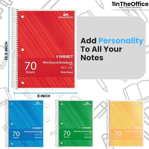 1InTheOffice Spiral Notebook Wide Ruled 10.5 x 8, 1-Subject Wide Ruled Notebooks, Wirebound Spiral Notebooks, 3-Hole Punched, 70 Sheets, Assorted Colors, 3 Pack in Saudi Arabia