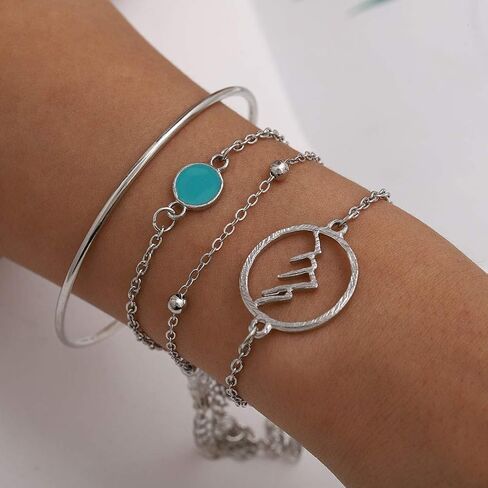 مجموعة أساور بوهو من الفضة ذات الطبقات باللون الفيروزي، سوار على شكل سلسلة أساور للنساء والفتيات in Kuwait