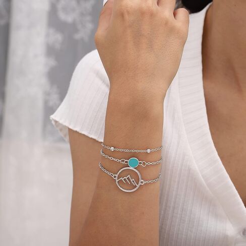 مجموعة أساور بوهو من الفضة ذات الطبقات باللون الفيروزي، سوار على شكل سلسلة أساور للنساء والفتيات in Kuwait