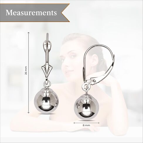 Jewelryweb - أقراط متدلية من الذهب الأبيض الحقيقي عيار 14 قيراط مصقولة على شكل كرة خلفية - 5 مم، 6 مم، 7 مم، 8 مم - أقراط متدلية ذهبية للنساء - أقراط مضادة للحساسية in Saudi Arabia