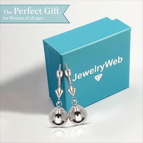 Jewelryweb - أقراط متدلية من الذهب الأبيض الحقيقي عيار 14 قيراط مصقولة على شكل كرة خلفية - 5 مم، 6 مم، 7 مم، 8 مم - أقراط متدلية ذهبية للنساء - أقراط مضادة للحساسية in Saudi Arabia