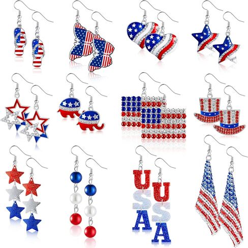 12 زوجًا من أقراط العلم الأمريكي أقراط الرابع من يوليو أقراط يوم الاستقلال الوطني الأحمر والأبيض والأزرق أقراط يوم العلم أقراط علم الولايات المتحدة الأمريكية نجمة الفراشة المتدلية أقراط متدلية من الرابع من يوليو هدية مجوهرات in Kuwait