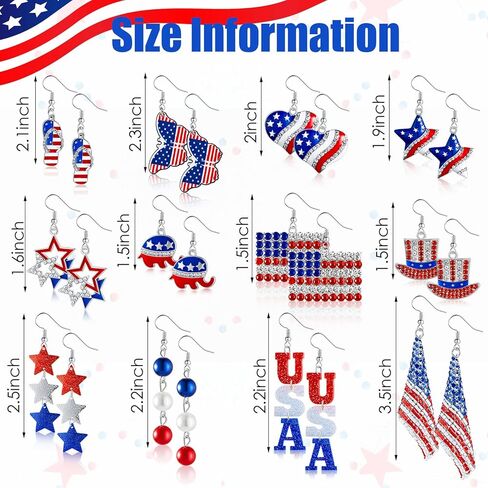 12 زوجًا من أقراط العلم الأمريكي أقراط الرابع من يوليو أقراط يوم الاستقلال الوطني الأحمر والأبيض والأزرق أقراط يوم العلم أقراط علم الولايات المتحدة الأمريكية نجمة الفراشة المتدلية أقراط متدلية من الرابع من يوليو هدية مجوهرات in Kuwait