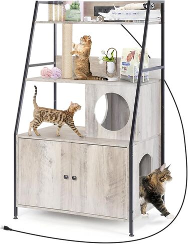 melos Cat Litter Box Enclosure with 2 Storage Shelves, Hidden Litter Box, Cat Litter Box Enclosure Furniture with Charging Station, Cat Washroom with Cat Tree Tower, End Table for Living Room Brown in Saudi Arabia
