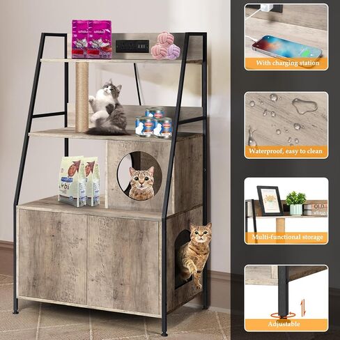 melos Cat Litter Box Enclosure with 2 Storage Shelves, Hidden Litter Box, Cat Litter Box Enclosure Furniture with Charging Station, Cat Washroom with Cat Tree Tower, End Table for Living Room Brown in Saudi Arabia