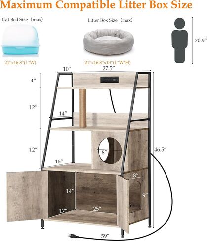 melos Cat Litter Box Enclosure with 2 Storage Shelves, Hidden Litter Box, Cat Litter Box Enclosure Furniture with Charging Station, Cat Washroom with Cat Tree Tower, End Table for Living Room Brown in Saudi Arabia