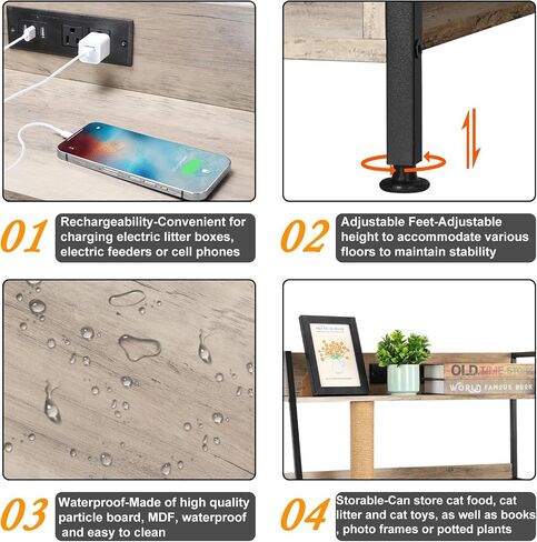 melos Cat Litter Box Enclosure with 2 Storage Shelves, Hidden Litter Box, Cat Litter Box Enclosure Furniture with Charging Station, Cat Washroom with Cat Tree Tower, End Table for Living Room Brown in Saudi Arabia