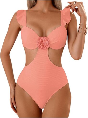 WDIRARA Women's 3D Floral Decor Cut Out Textured One-Piece Bikini Swimwear Backless Sleeveless Cheeky Swimsuit in Saudi Arabia