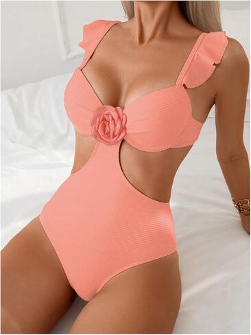WDIRARA Women's 3D Floral Decor Cut Out Textured One-Piece Bikini Swimwear Backless Sleeveless Cheeky Swimsuit in Saudi Arabia