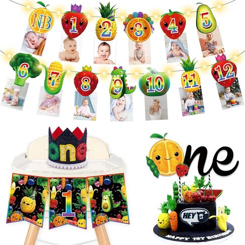 Fruit 1st Birthday Decorations, Dancing Fruit 1st Birthday Decorations Banner Cupcake Topper Highchair Banner First Birthday Crown for Fruit Birthday Decorations for Boys Girls in Kuwait